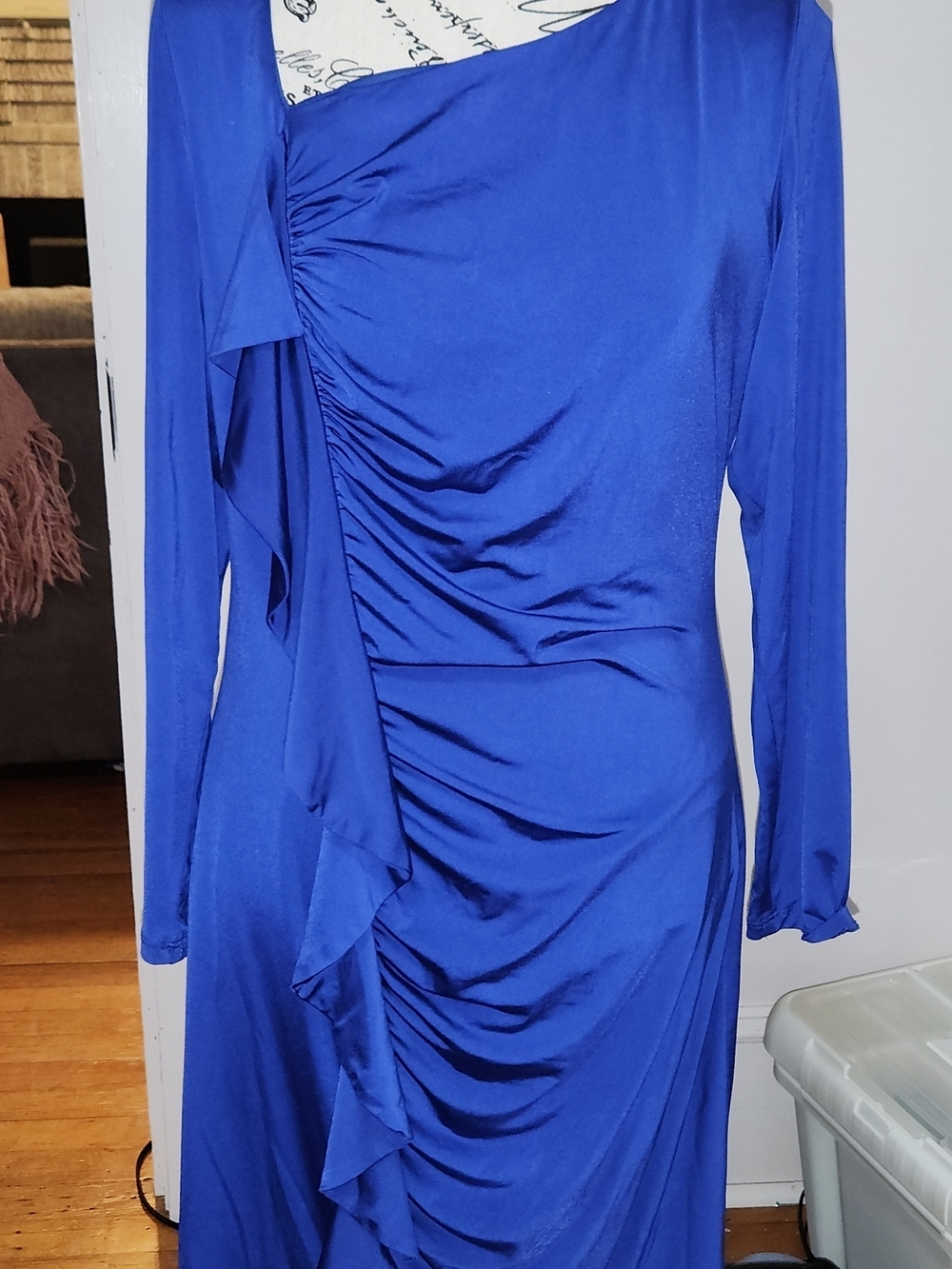 Simon Chang Royal Blue Ruched Ruffle Long Sleeve Dress 14P